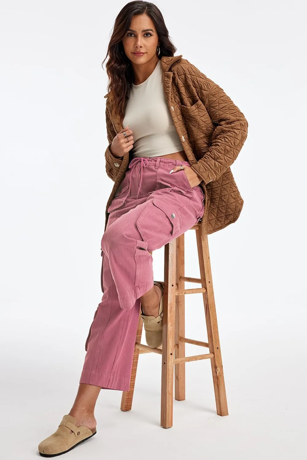 Cargo Pants for Women Low Rise Drawstring Waist 7 Pockets Hiking Work Wide Leg Pants with Zipper Button Closure