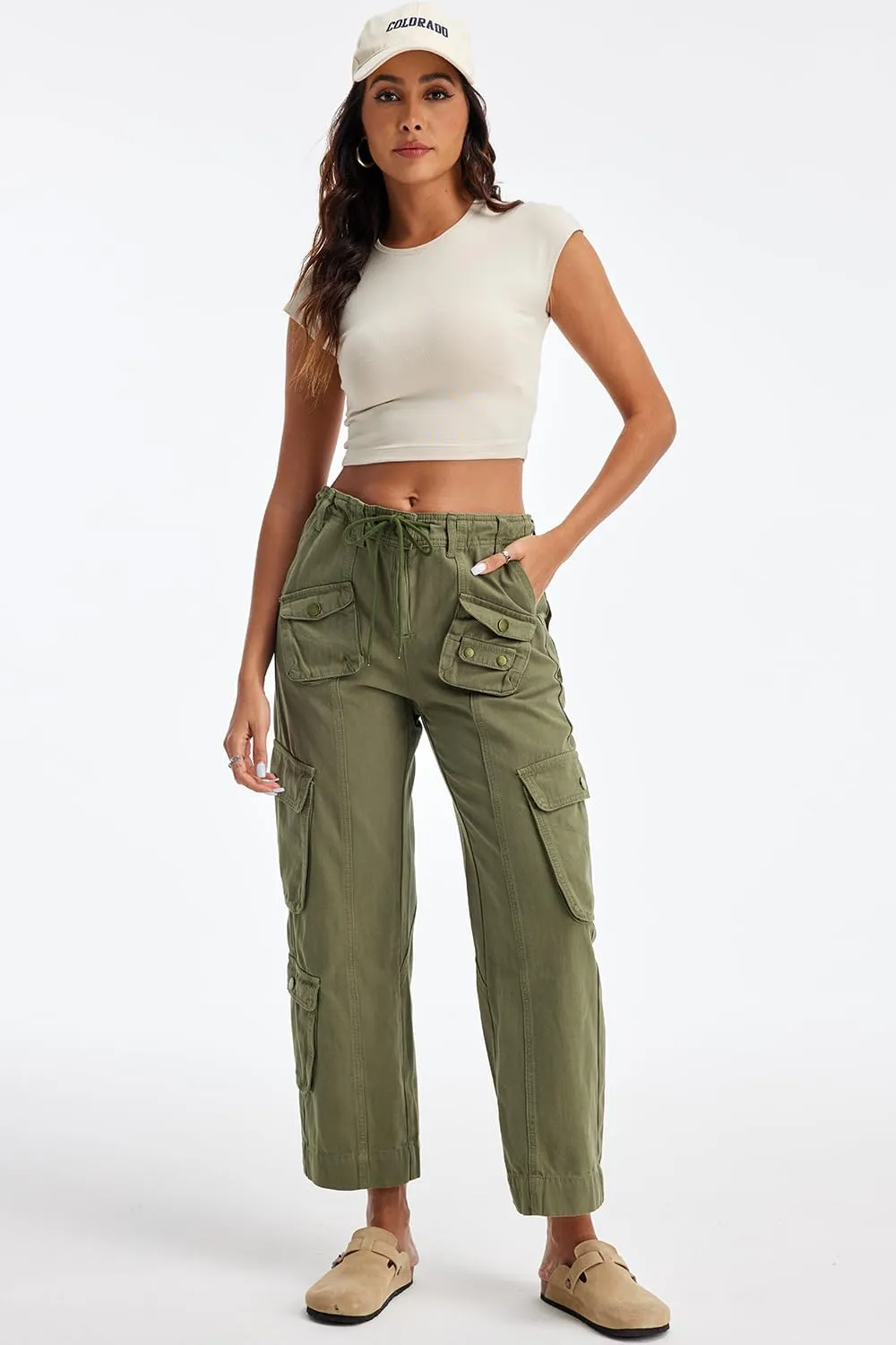 Cargo Pants for Women Low Rise Drawstring Waist 7 Pockets Hiking Work Wide Leg Pants with Zipper Button Closure