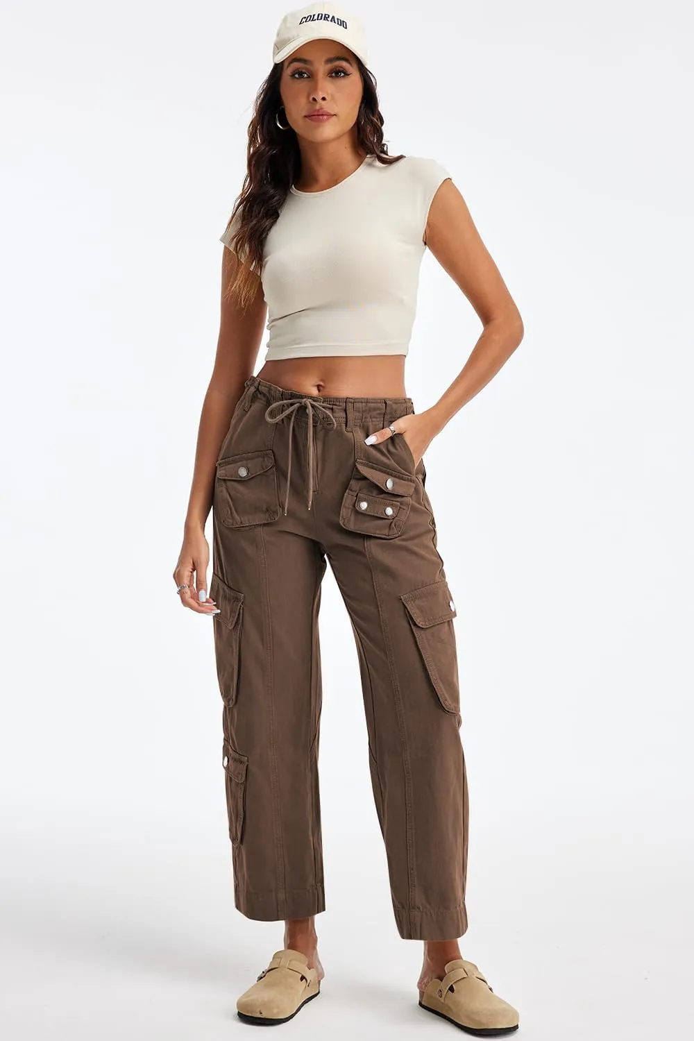 Cargo Pants for Women Low Rise Drawstring Waist 7 Pockets Hiking Work Wide Leg Pants with Zipper Button Closure