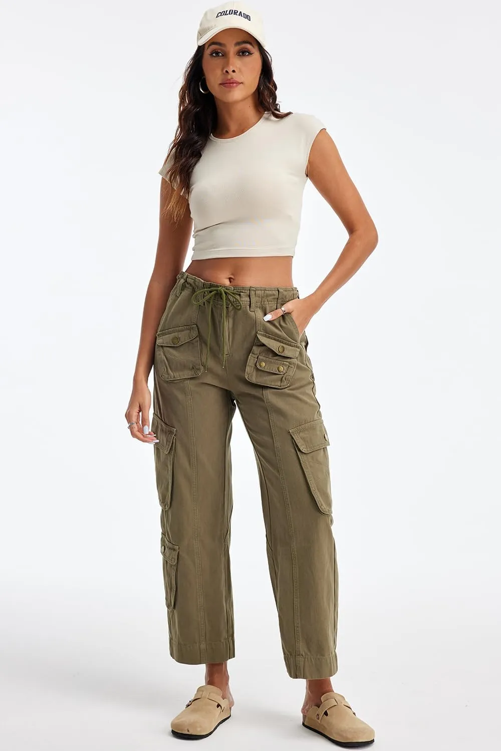 Cargo Pants for Women Low Rise Drawstring Waist 7 Pockets Hiking Work Wide Leg Pants with Zipper Button Closure