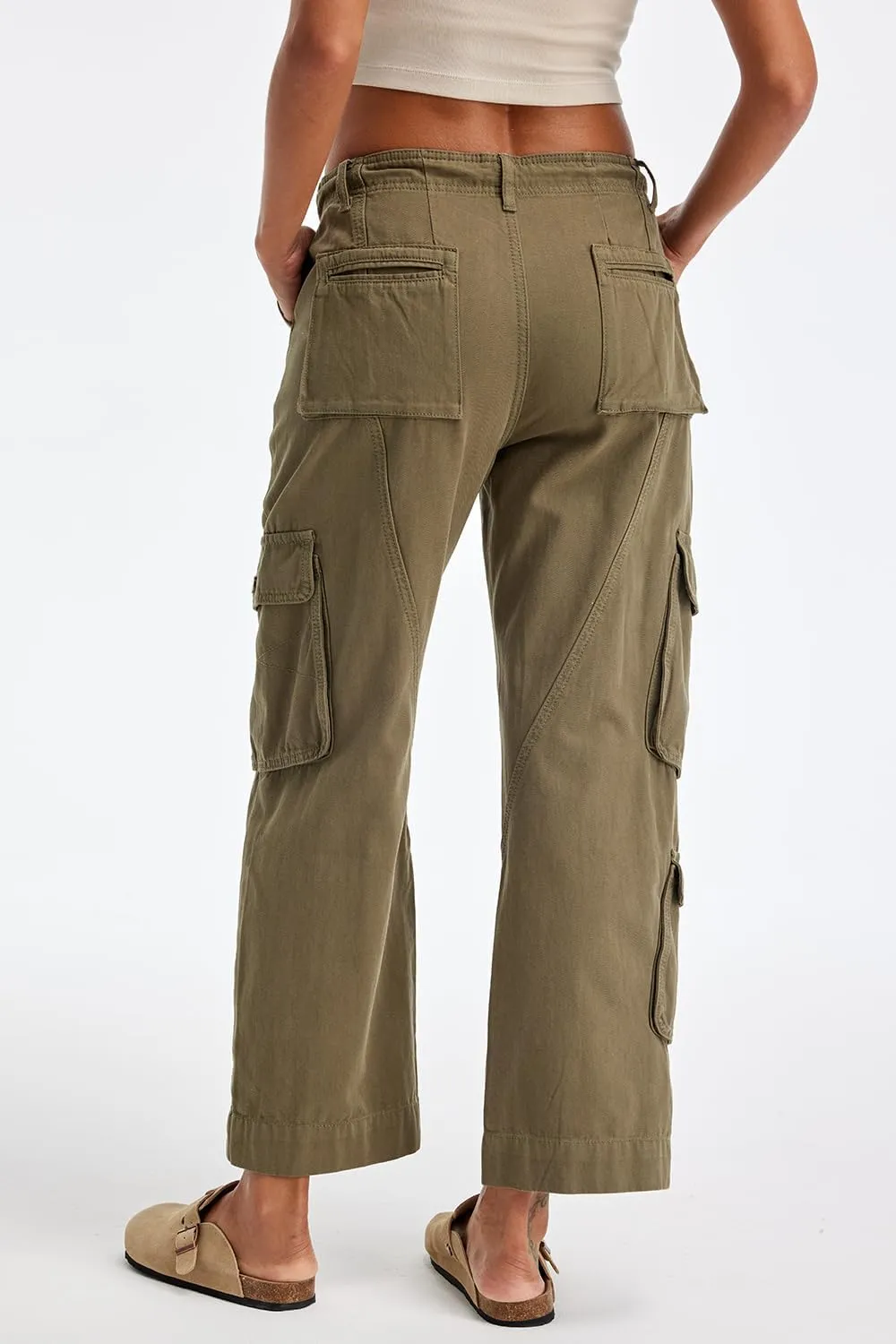 Cargo Pants for Women Low Rise Drawstring Waist 7 Pockets Hiking Work Wide Leg Pants with Zipper Button Closure