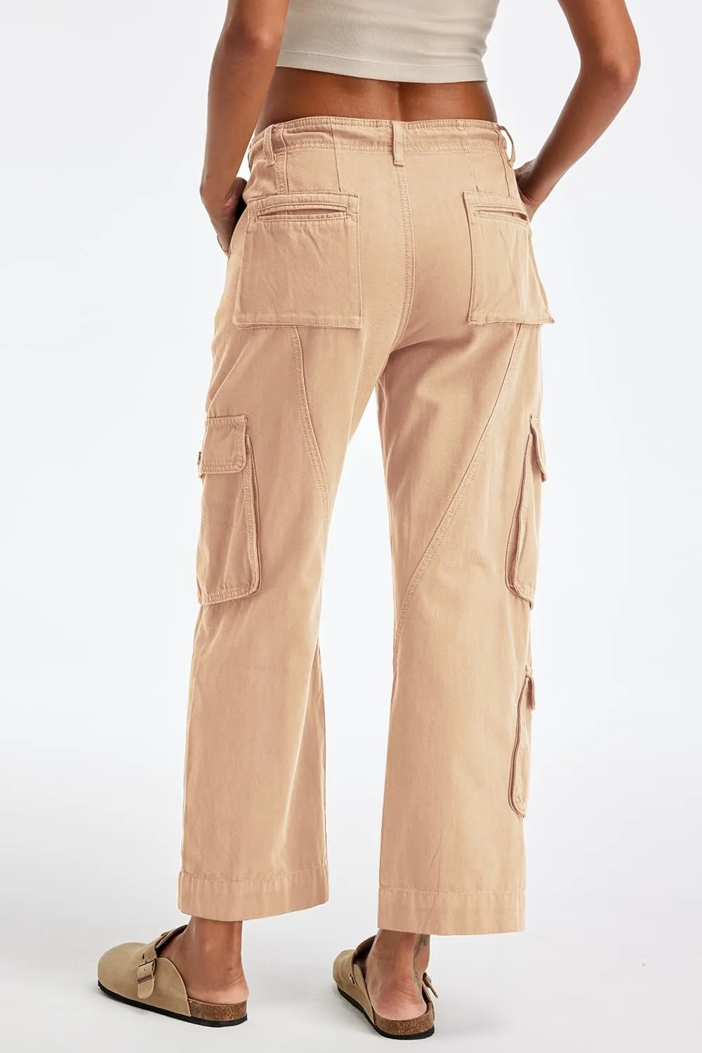 Cargo Pants for Women Low Rise Drawstring Waist 7 Pockets Hiking Work Wide Leg Pants with Zipper Button Closure