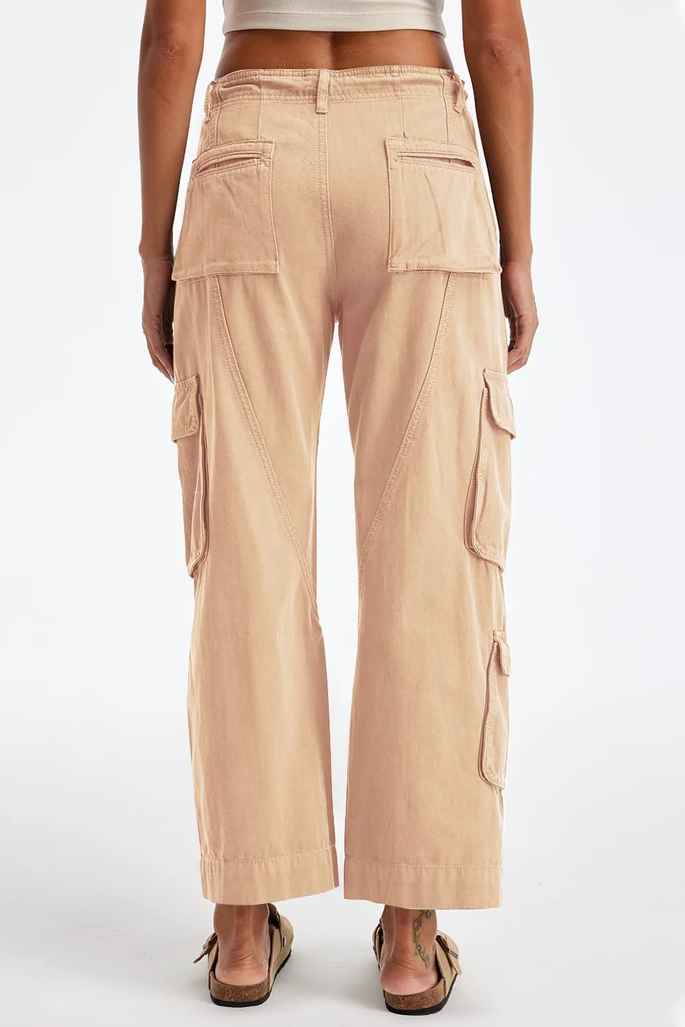 Cargo Pants for Women Low Rise Drawstring Waist 7 Pockets Hiking Work Wide Leg Pants with Zipper Button Closure