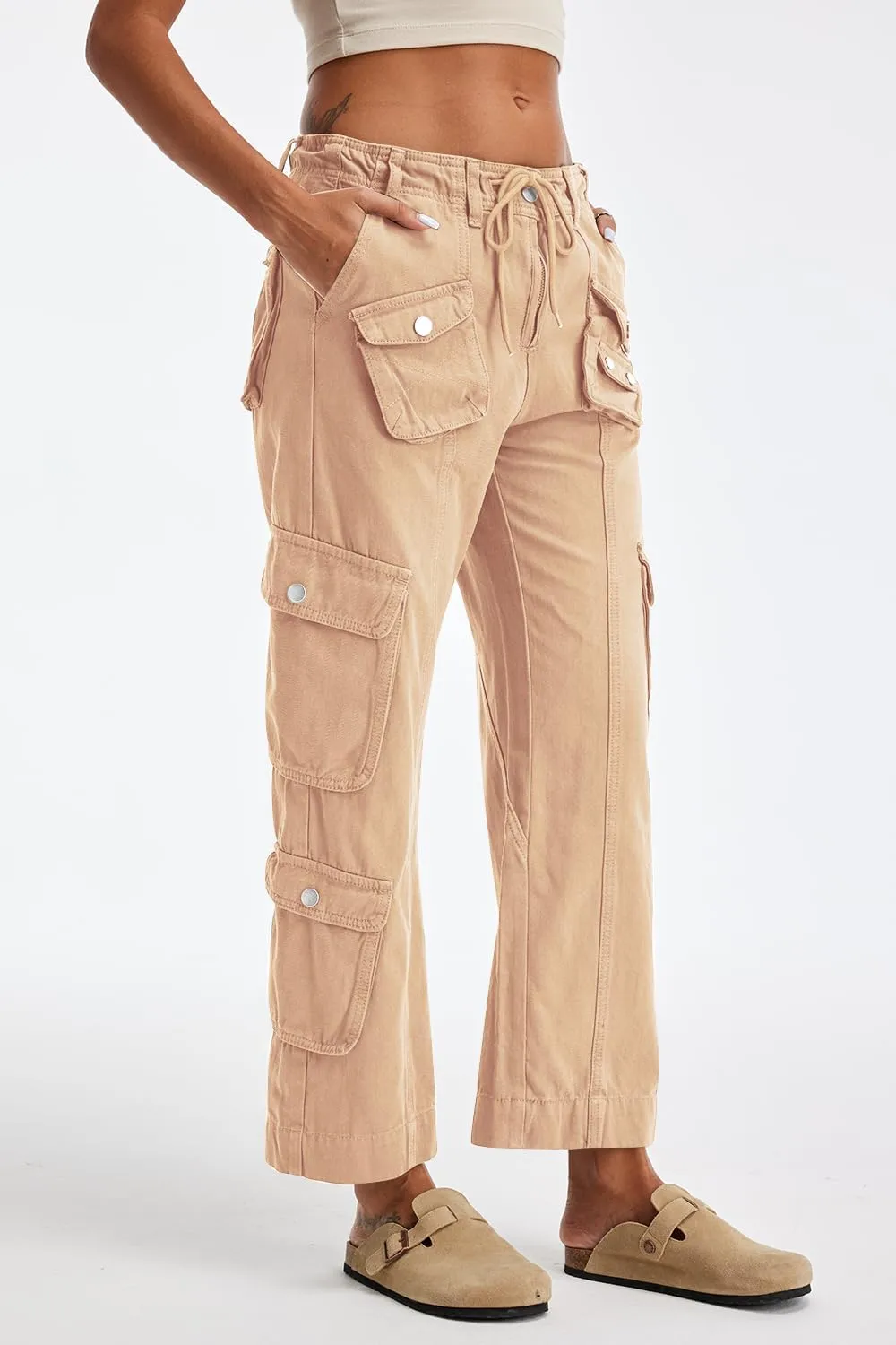 Cargo Pants for Women Low Rise Drawstring Waist 7 Pockets Hiking Work Wide Leg Pants with Zipper Button Closure