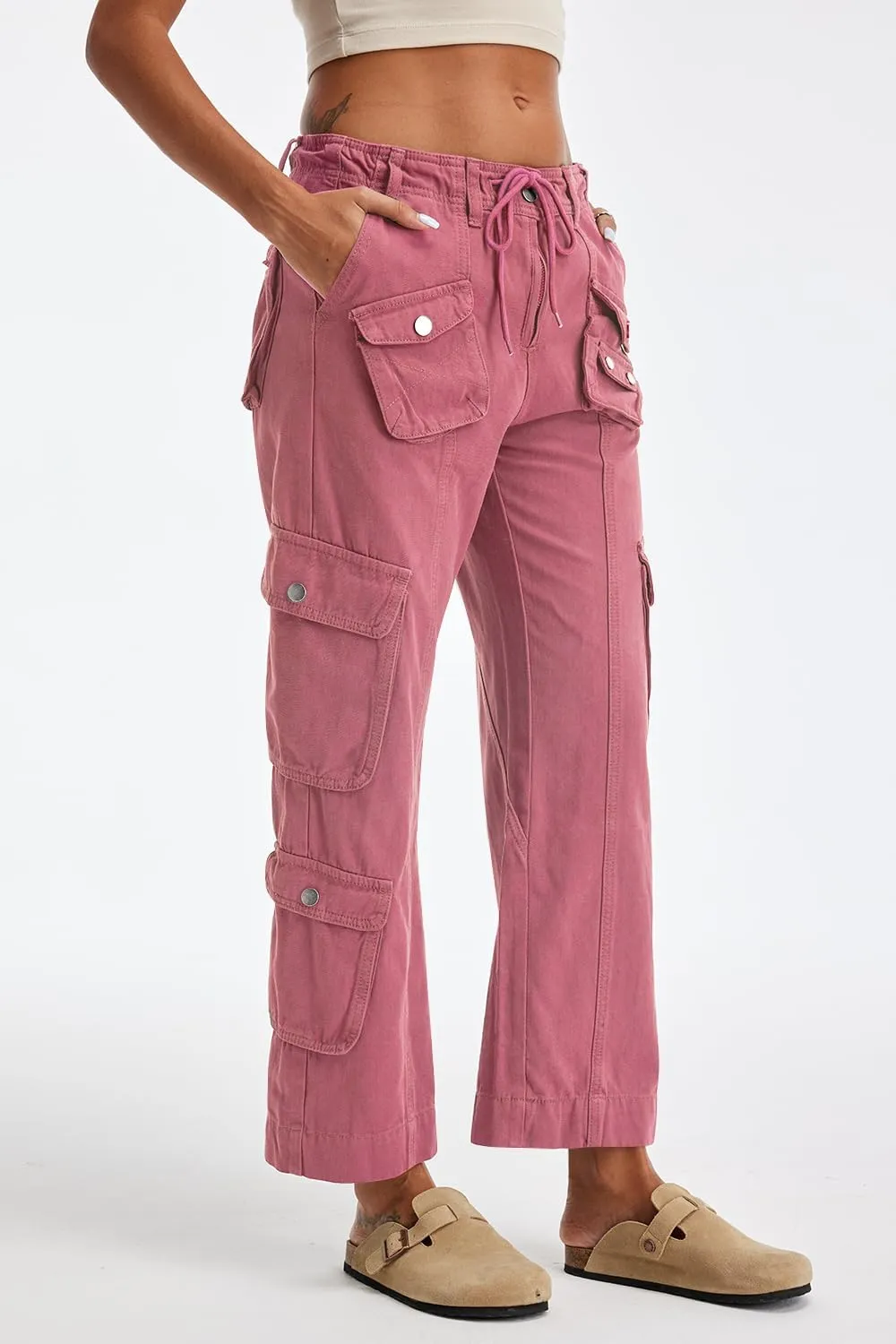 Cargo Pants for Women Low Rise Drawstring Waist 7 Pockets Hiking Work Wide Leg Pants with Zipper Button Closure