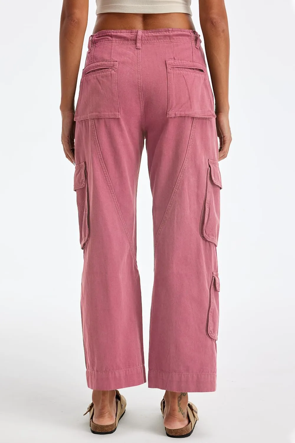 Cargo Pants for Women Low Rise Drawstring Waist 7 Pockets Hiking Work Wide Leg Pants with Zipper Button Closure