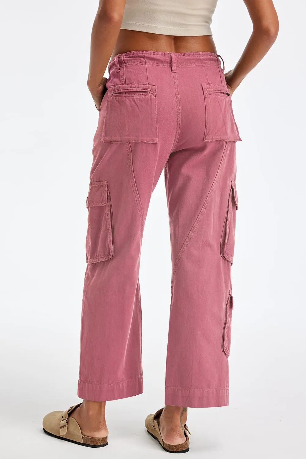 Cargo Pants for Women Low Rise Drawstring Waist 7 Pockets Hiking Work Wide Leg Pants with Zipper Button Closure