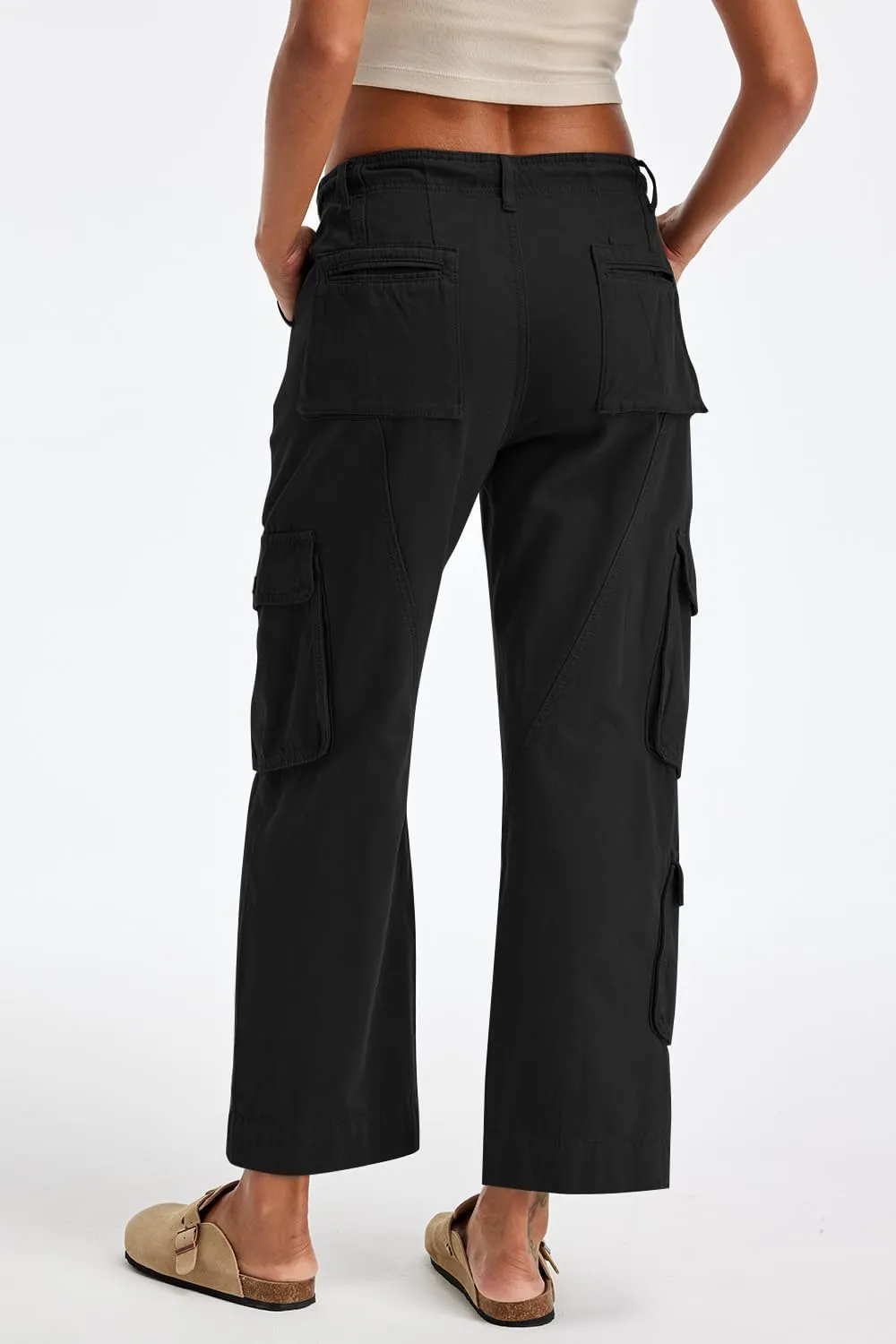 Cargo Pants for Women Low Rise Drawstring Waist 7 Pockets Hiking Work Wide Leg Pants with Zipper Button Closure