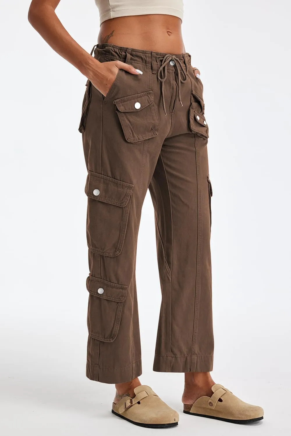 Cargo Pants for Women Low Rise Drawstring Waist 7 Pockets Hiking Work Wide Leg Pants with Zipper Button Closure
