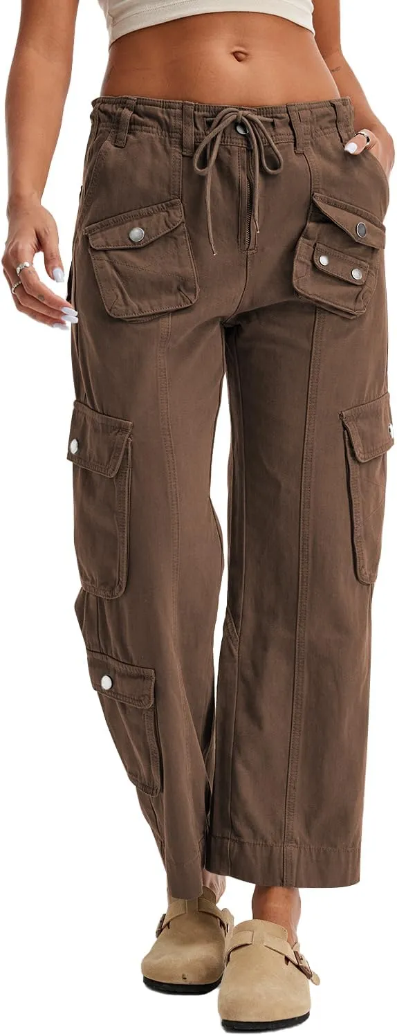 Cargo Pants for Women Low Rise Drawstring Waist 7 Pockets Hiking Work Wide Leg Pants with Zipper Button Closure