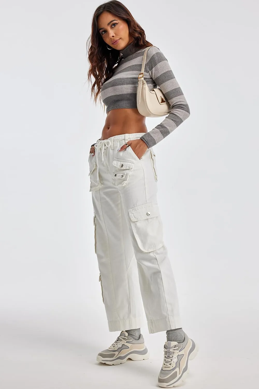Cargo Pants for Women Low Rise Drawstring Waist 7 Pockets Hiking Work Wide Leg Pants with Zipper Button Closure