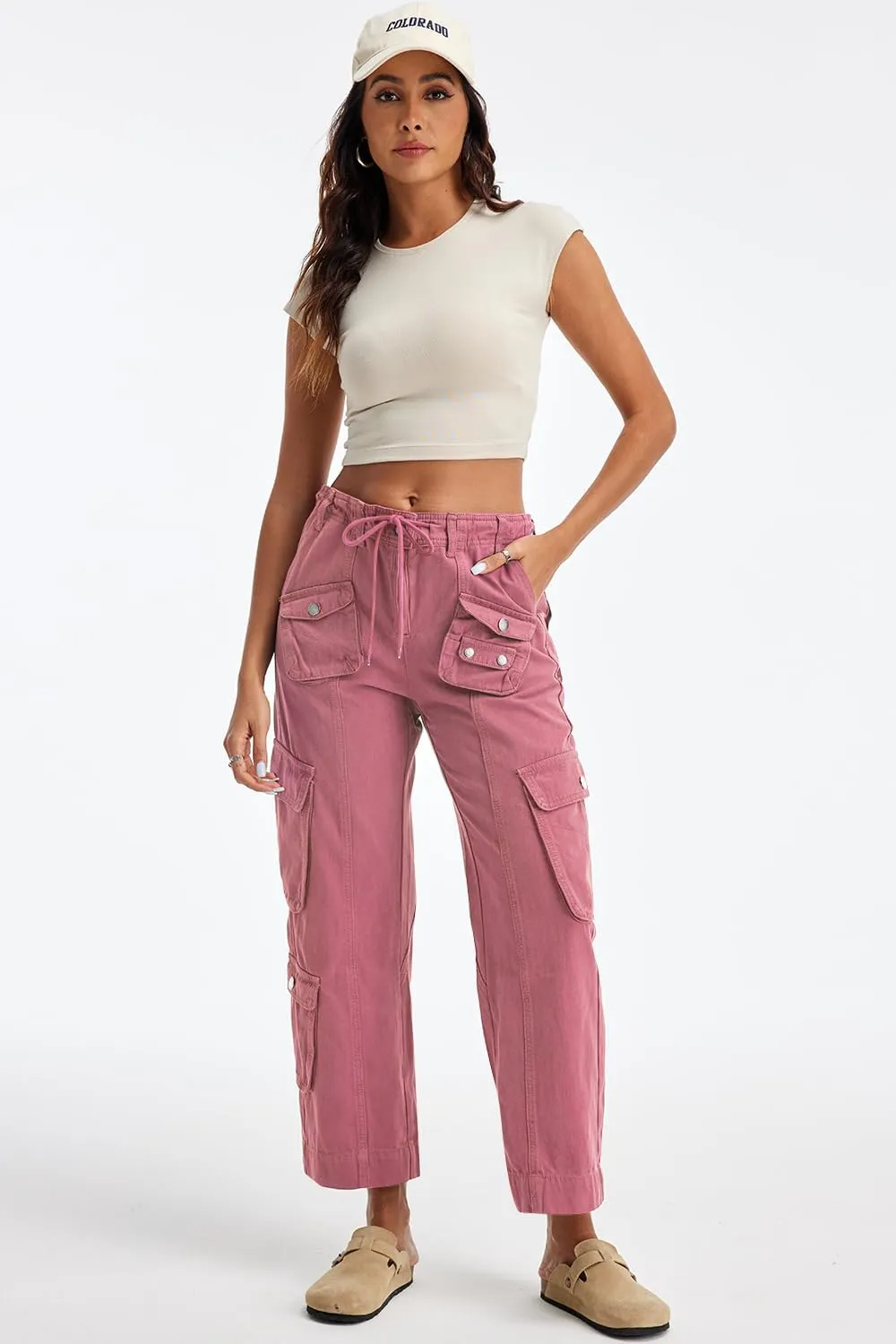 Cargo Pants for Women Low Rise Drawstring Waist 7 Pockets Hiking Work Wide Leg Pants with Zipper Button Closure