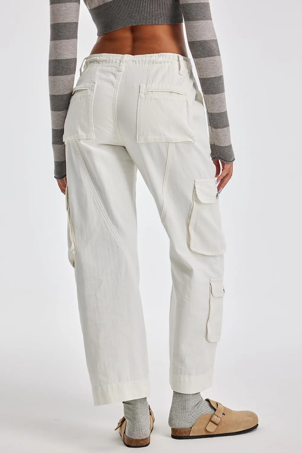 Cargo Pants for Women Low Rise Drawstring Waist 7 Pockets Hiking Work Wide Leg Pants with Zipper Button Closure