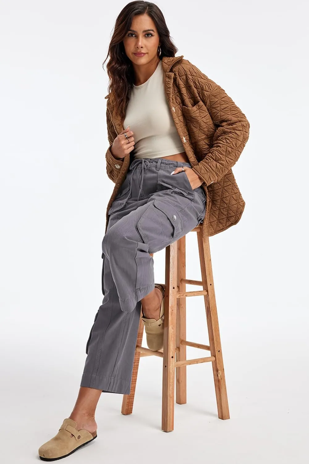 Cargo Pants for Women Low Rise Drawstring Waist 7 Pockets Hiking Work Wide Leg Pants with Zipper Button Closure