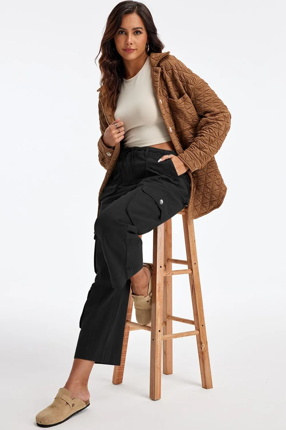 Cargo Pants for Women Low Rise Drawstring Waist 7 Pockets Hiking Work Wide Leg Pants with Zipper Button Closure