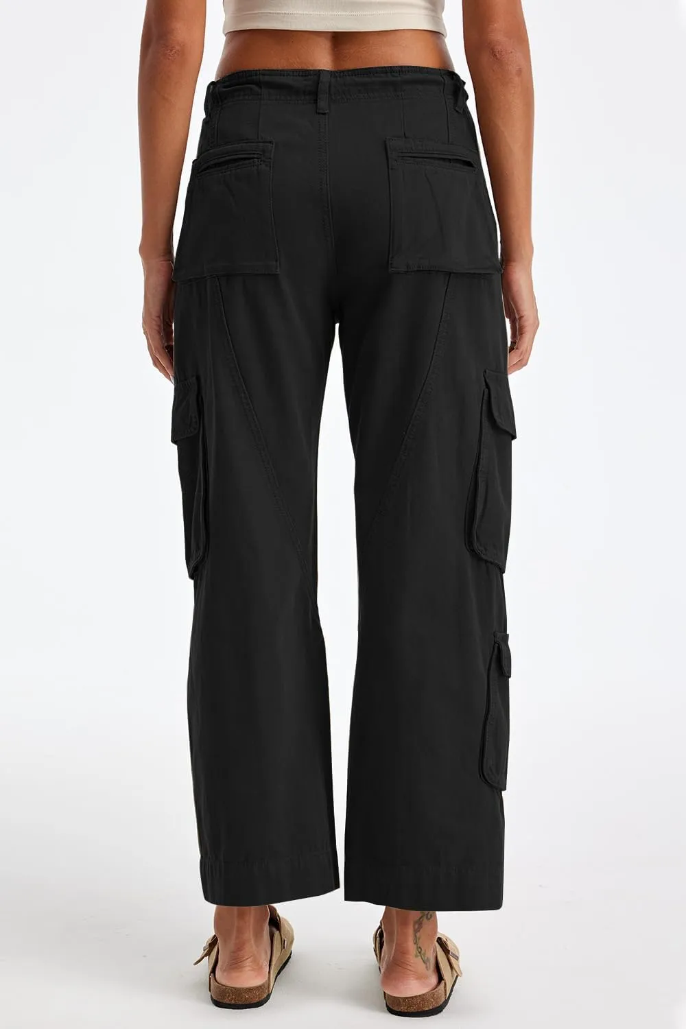 Cargo Pants for Women Low Rise Drawstring Waist 7 Pockets Hiking Work Wide Leg Pants with Zipper Button Closure