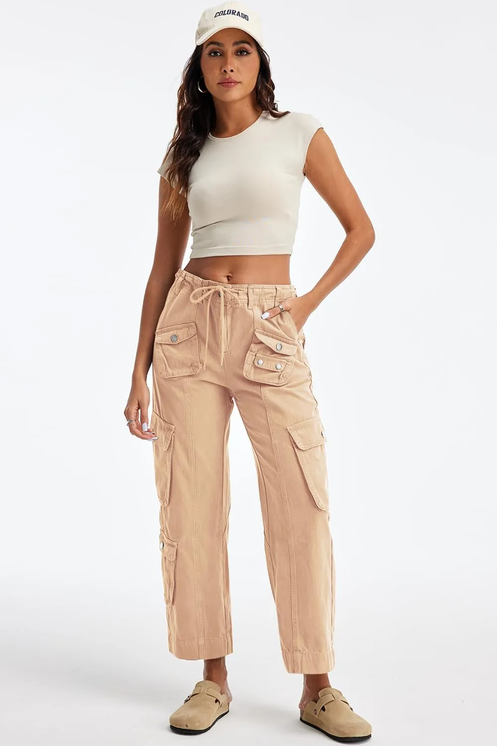 Cargo Pants for Women Low Rise Drawstring Waist 7 Pockets Hiking Work Wide Leg Pants with Zipper Button Closure