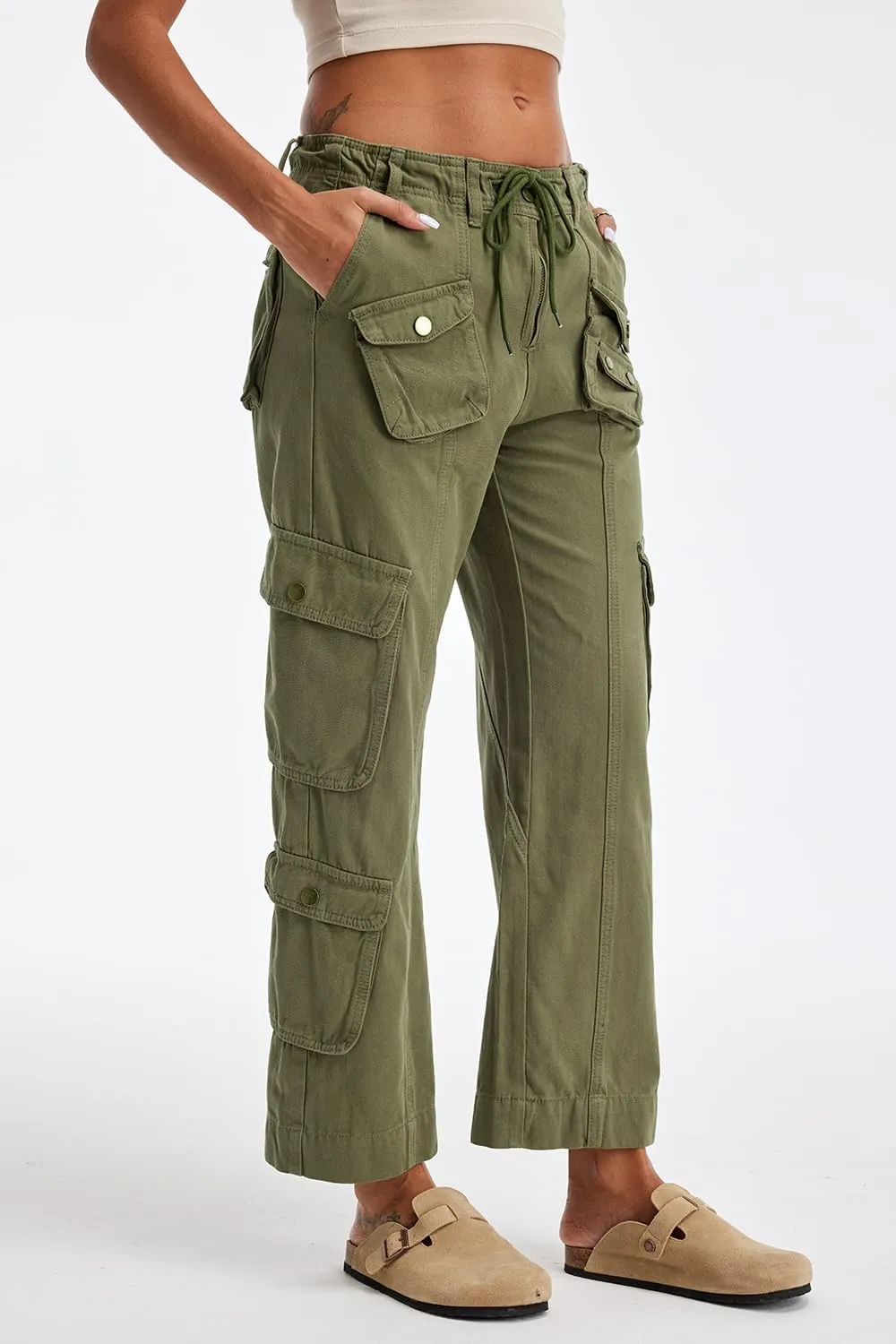 Cargo Pants for Women Low Rise Drawstring Waist 7 Pockets Hiking Work Wide Leg Pants with Zipper Button Closure