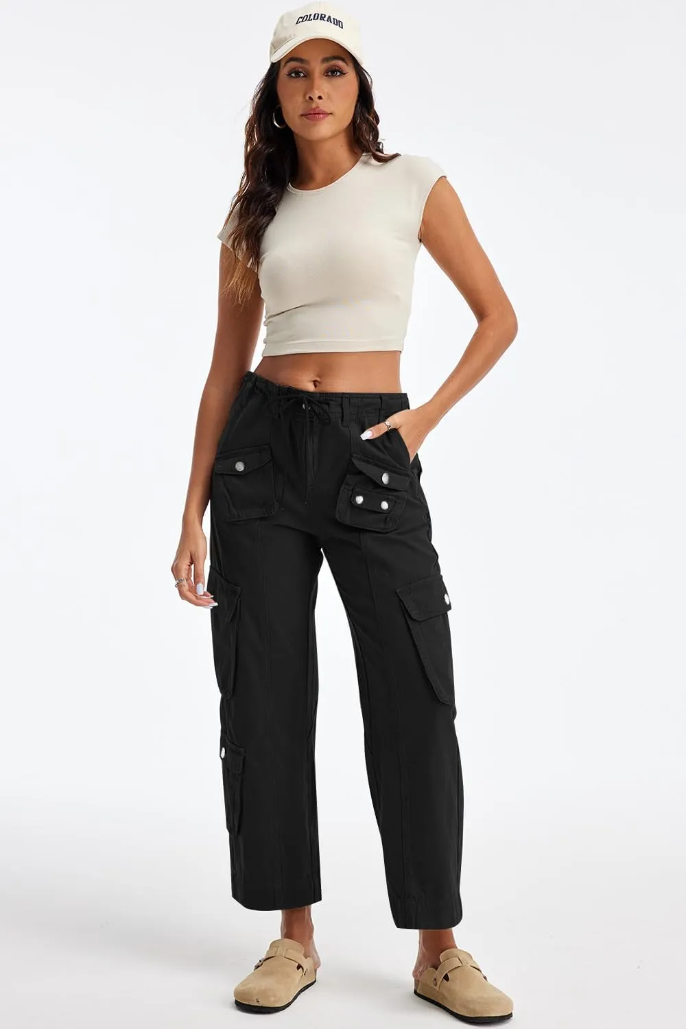 Cargo Pants for Women Low Rise Drawstring Waist 7 Pockets Hiking Work Wide Leg Pants with Zipper Button Closure