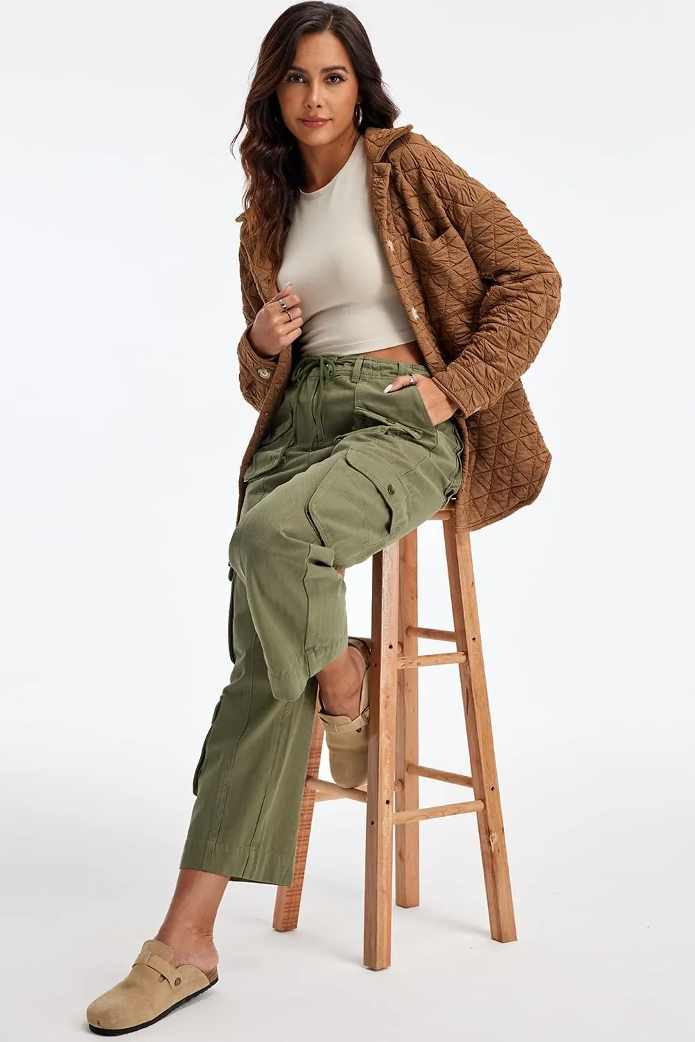Cargo Pants for Women Low Rise Drawstring Waist 7 Pockets Hiking Work Wide Leg Pants with Zipper Button Closure