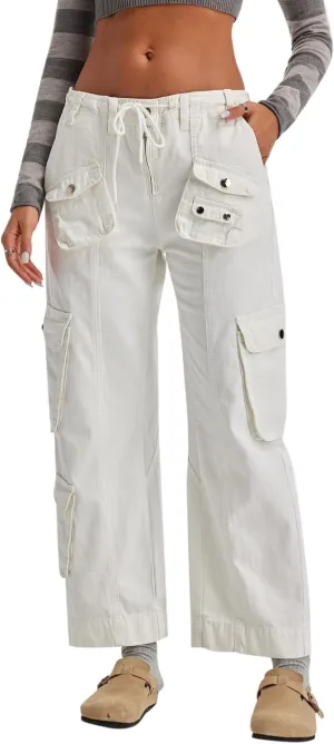 Cargo Pants for Women Low Rise Drawstring Waist 7 Pockets Hiking Work Wide Leg Pants with Zipper Button Closure