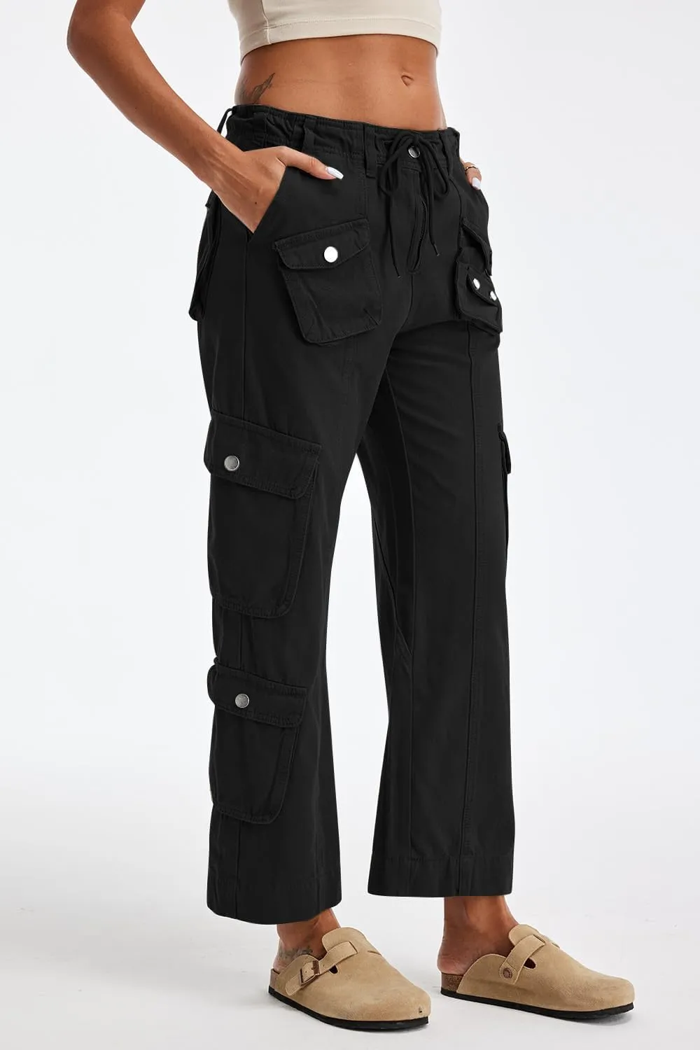 Cargo Pants for Women Low Rise Drawstring Waist 7 Pockets Hiking Work Wide Leg Pants with Zipper Button Closure