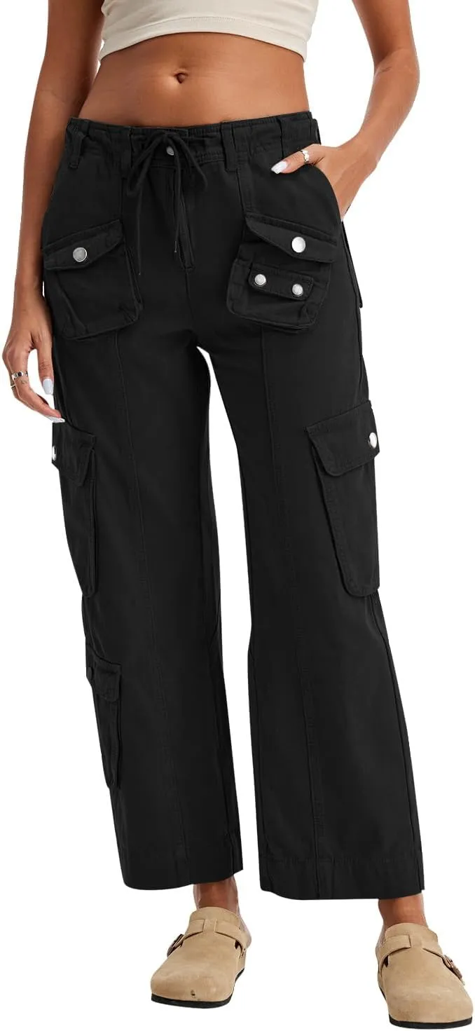 Cargo Pants for Women Low Rise Drawstring Waist 7 Pockets Hiking Work Wide Leg Pants with Zipper Button Closure
