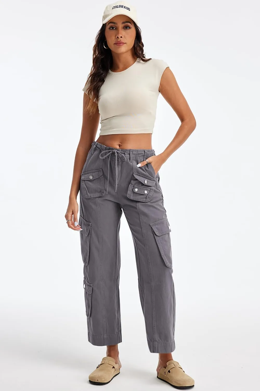 Cargo Pants for Women Low Rise Drawstring Waist 7 Pockets Hiking Work Wide Leg Pants with Zipper Button Closure