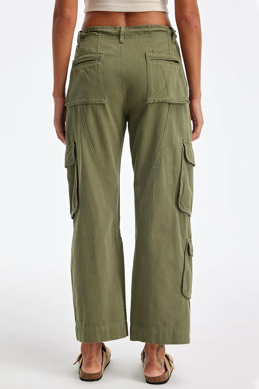 Cargo Pants for Women Low Rise Drawstring Waist 7 Pockets Hiking Work Wide Leg Pants with Zipper Button Closure