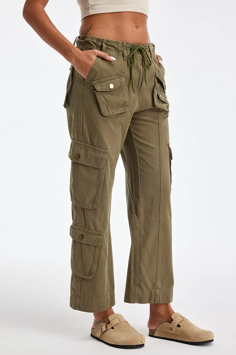 Cargo Pants for Women Low Rise Drawstring Waist 7 Pockets Hiking Work Wide Leg Pants with Zipper Button Closure