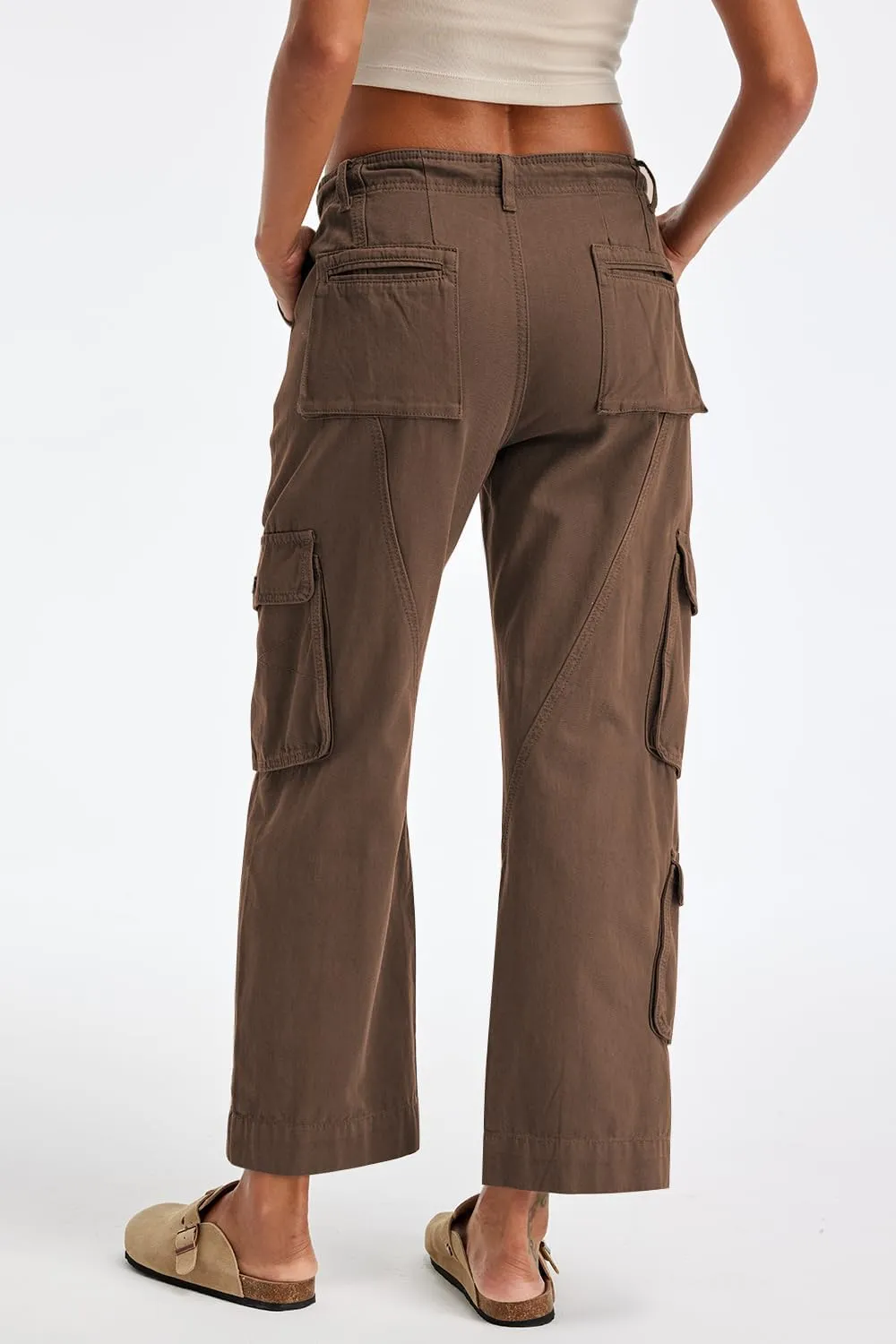 Cargo Pants for Women Low Rise Drawstring Waist 7 Pockets Hiking Work Wide Leg Pants with Zipper Button Closure