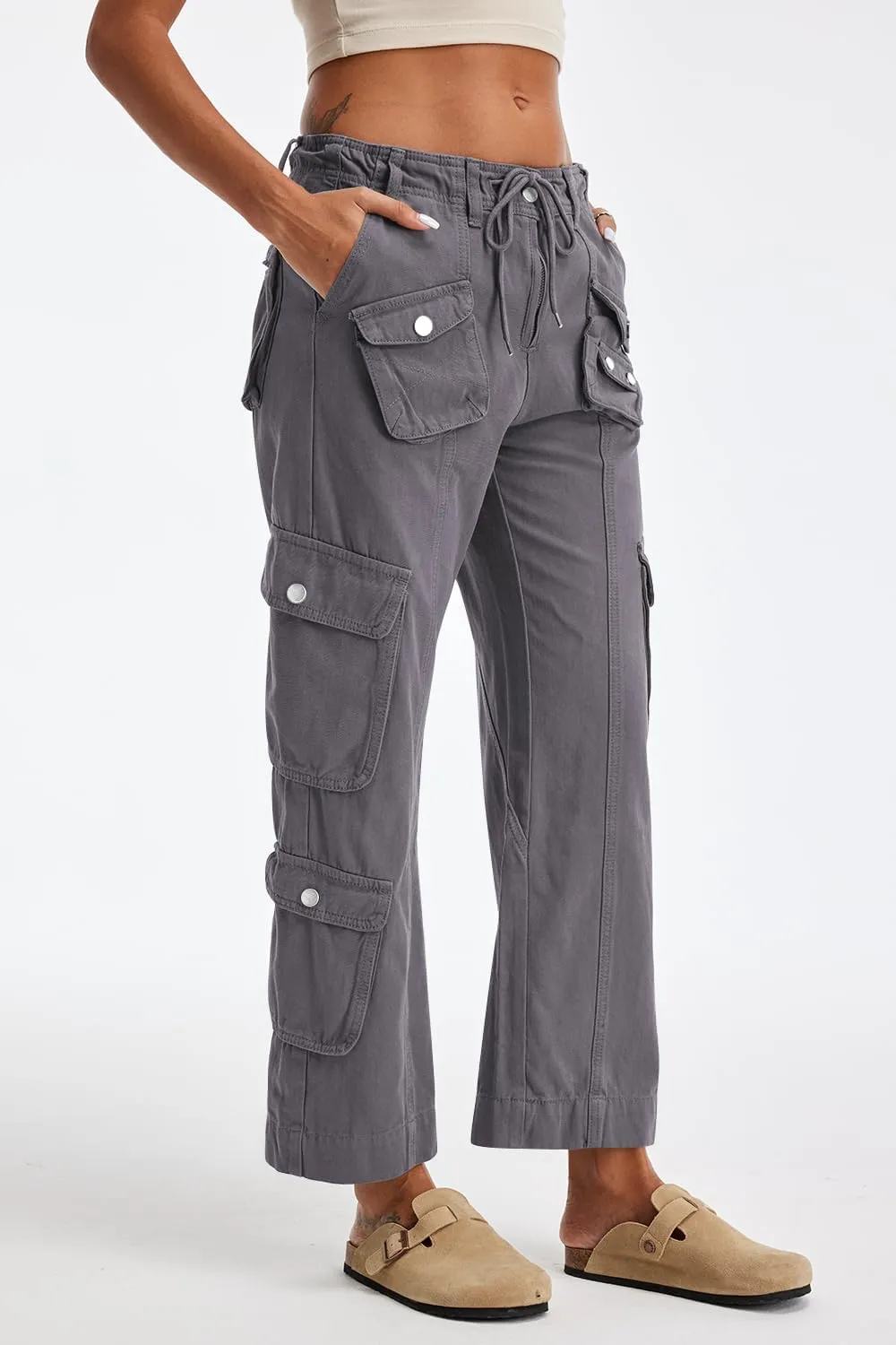 Cargo Pants for Women Low Rise Drawstring Waist 7 Pockets Hiking Work Wide Leg Pants with Zipper Button Closure