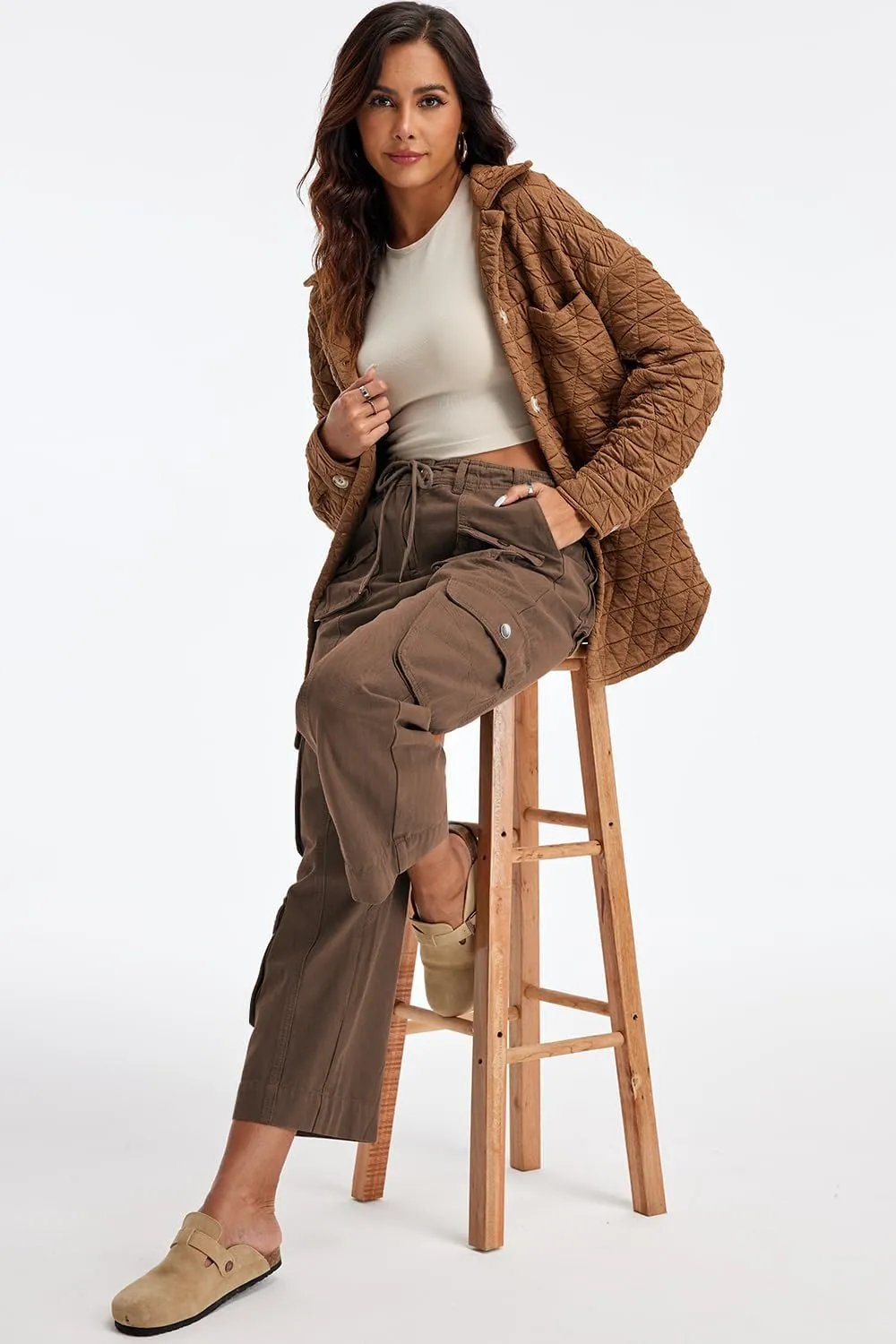 Cargo Pants for Women Low Rise Drawstring Waist 7 Pockets Hiking Work Wide Leg Pants with Zipper Button Closure