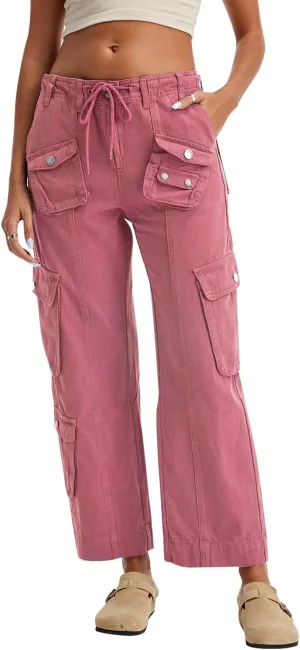 Cargo Pants for Women Low Rise Drawstring Waist 7 Pockets Hiking Work Wide Leg Pants with Zipper Button Closure