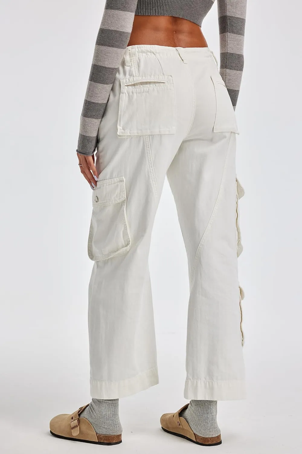 Cargo Pants for Women Low Rise Drawstring Waist 7 Pockets Hiking Work Wide Leg Pants with Zipper Button Closure