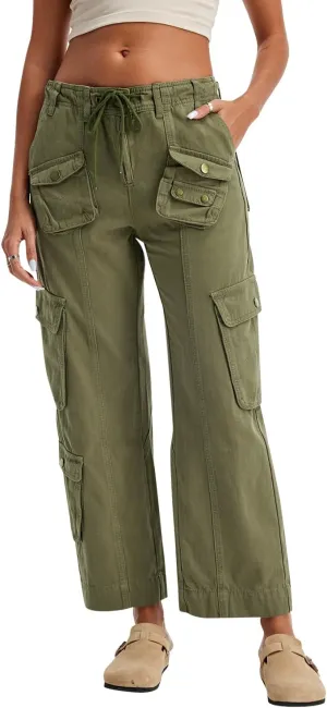 Cargo Pants for Women Low Rise Drawstring Waist 7 Pockets Hiking Work Wide Leg Pants with Zipper Button Closure