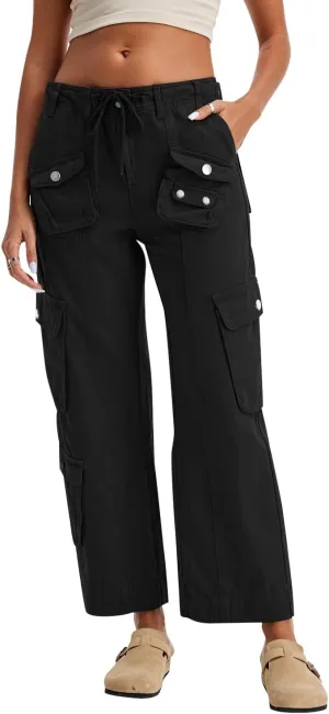 Cargo Pants for Women Low Rise Drawstring Waist 7 Pockets Hiking Work Wide Leg Pants with Zipper Button Closure