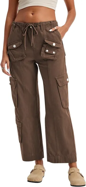 Cargo Pants for Women Low Rise Drawstring Waist 7 Pockets Hiking Work Wide Leg Pants with Zipper Button Closure