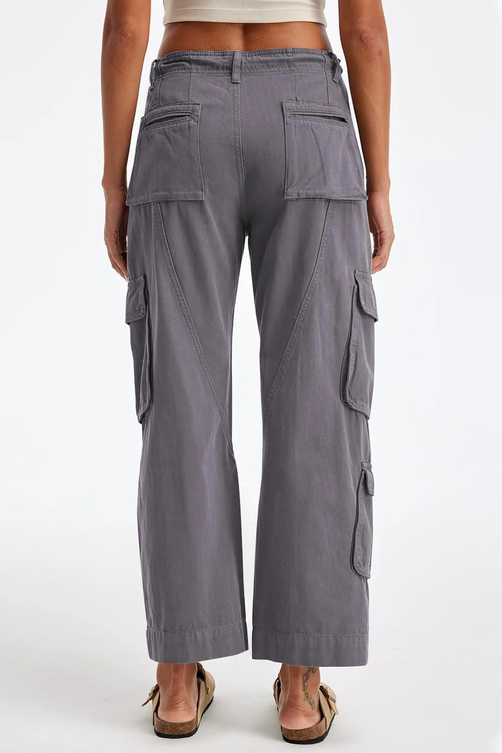 Cargo Pants for Women Low Rise Drawstring Waist 7 Pockets Hiking Work Wide Leg Pants with Zipper Button Closure