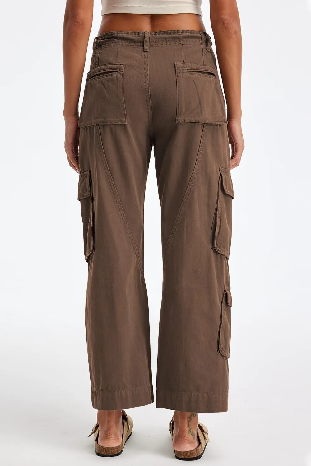 Cargo Pants for Women Low Rise Drawstring Waist 7 Pockets Hiking Work Wide Leg Pants with Zipper Button Closure
