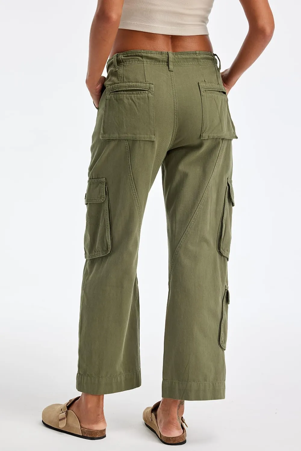 Cargo Pants for Women Low Rise Drawstring Waist 7 Pockets Hiking Work Wide Leg Pants with Zipper Button Closure