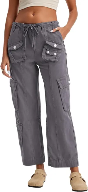 Cargo Pants for Women Low Rise Drawstring Waist 7 Pockets Hiking Work Wide Leg Pants with Zipper Button Closure