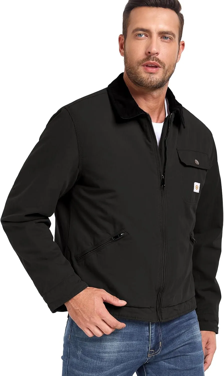 CARWORNIC Men's Winter Cotton Jacket Warm Quilted Padded Lined Cargo Work Jacket Regular Fit Casual Lapel Trucker Coat