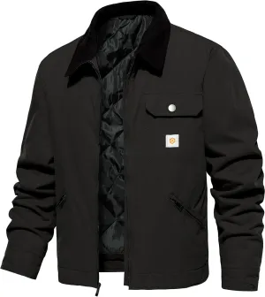 CARWORNIC Men's Winter Cotton Jacket Warm Quilted Padded Lined Cargo Work Jacket Regular Fit Casual Lapel Trucker Coat