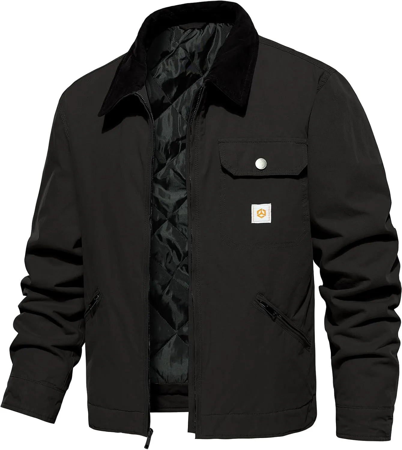 CARWORNIC Men's Winter Cotton Jacket Warm Quilted Padded Lined Cargo Work Jacket Regular Fit Casual Lapel Trucker Coat
