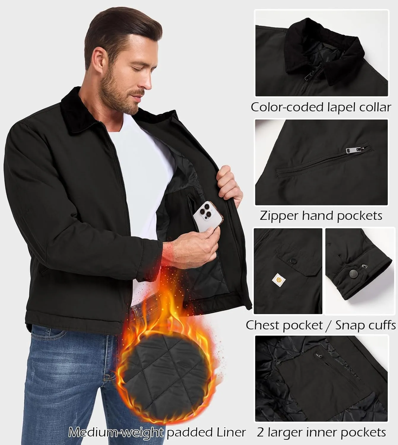 CARWORNIC Men's Winter Cotton Jacket Warm Quilted Padded Lined Cargo Work Jacket Regular Fit Casual Lapel Trucker Coat