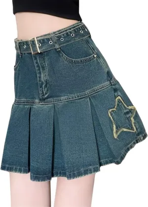 Casual Women's Denim Mini Skirt Y2K Fashion Vintage A Line High Waist Pleated Star Tassel Patch Jean Skirt