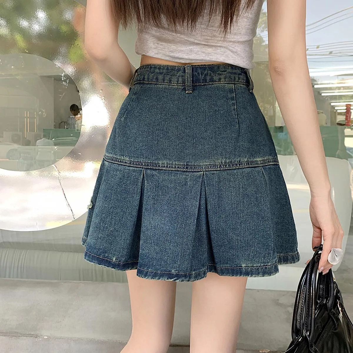 Casual Women's Denim Mini Skirt Y2K Fashion Vintage A Line High Waist Pleated Star Tassel Patch Jean Skirt