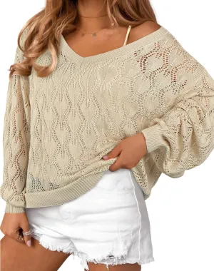 CCTOO Women's Sweaters Casual Oversized V Neck Off Shoulder Sexy Crochet Sweater Batwing Sleeve Pullover Loose Tops