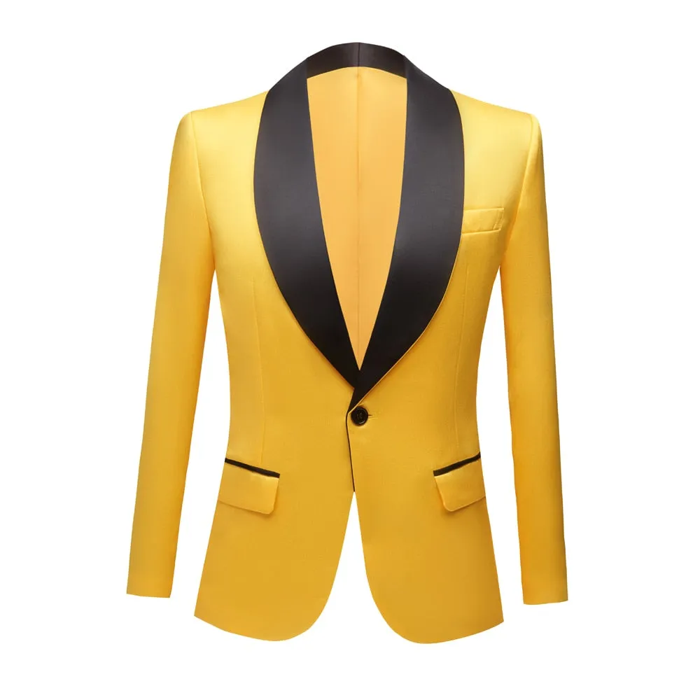 CGSUITS Men's Fashion Luxury Style Jacquard Golden Yellow & Black Tuxedo Blazer Suit Jacket
